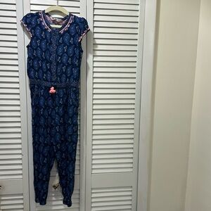 H & M Jumpsuit Girls Navy Blue Floral and Paisley Pink Embroidery size 5 - 6